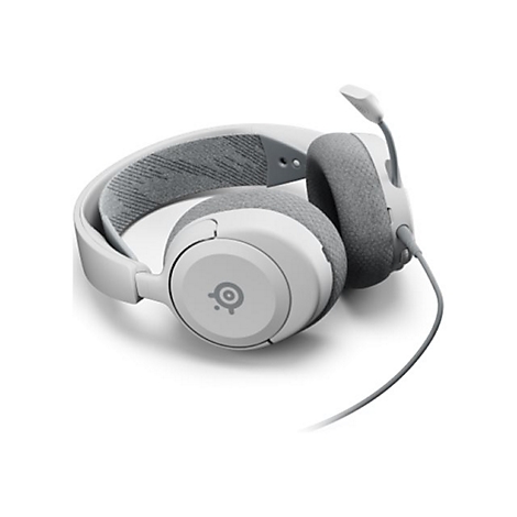 Weißes Headset mit Mikrofon, das auf einem weißen Hintergrund liegt. Das Headset hat graue Ohrpolster und einen grauen Kopfbügel.
