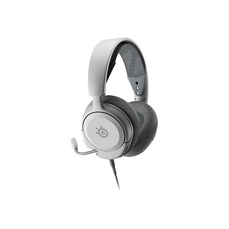Hellgraues Gaming-Headset, leicht schräg vor weißem Hintergrund, mit Mikrofon und Kabel.