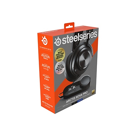 KopfhÃ¶rer Steelseries Arctis Nova Pro, Verpackung in Orange und Grau mit Produktabbildung.