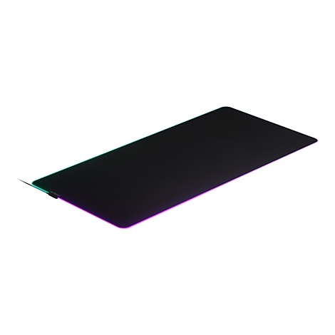 Ein schwarzes Gaming-Mauspad mit mehrfarbiger RGB-Beleuchtung und einem angeschlossenen Kabel auf weißem Hintergrund.