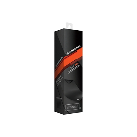 Produktverpackung von SteelSeries QCK XXL. Die Verpackung ist schwarz, hat orange Akzente und zeigt das Produkt.