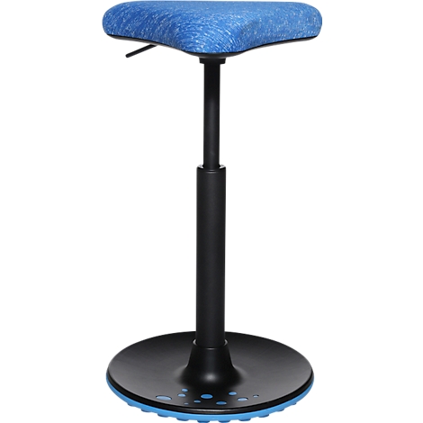 Blauer, ergonomischer Stehhocker mit schwarzem Gestell. Der Sitz ist höhenverstellbar und steht auf einem runden Fuss.