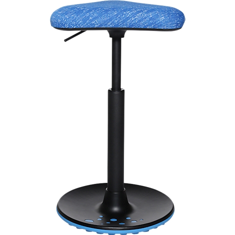 Stehhocker mit blauem Sitz, schwarzer Säule und Fussplatte.