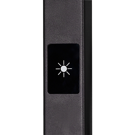 Detailaufnahme eines dunklen Bedienfelds mit einem beleuchteten Lichtsymbol.