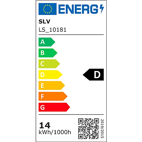 Energielabel mit Buchstaben A bis G. Label zeigt eine Bewertung "D" an. Darunter befindet sich ein QR Code und die Angabe "14 kWh/1000h".