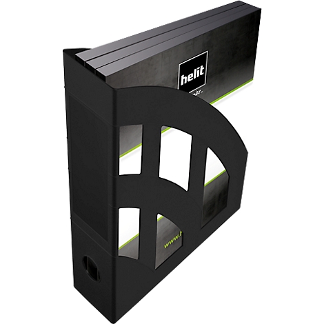 Schwarzer Zeitschriftenhalter, teilweise ausgeschnittenes Design. Mit gefülltem Papier. 'Helit' Logo.