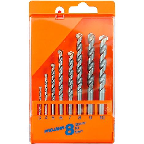 Bohrer-Set in orangefarbener Verpackung, verschiedene Größen, mit Größenangaben. Inschrift: "PROJAHN 8 Bohrer für Stein."