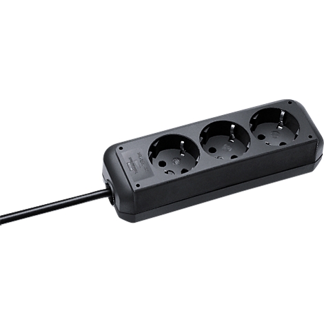 Zwart drievoudig stopcontact met kabel op witte achtergrond.