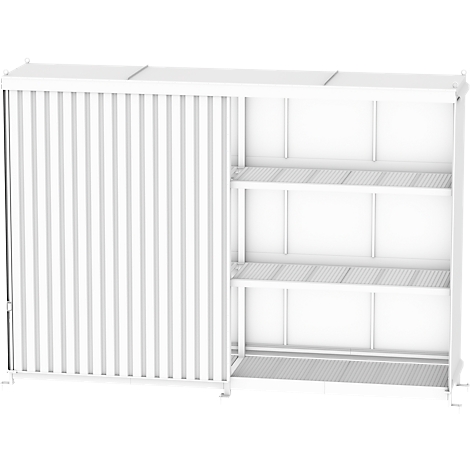 Witte plank met schuifdeur. Drie planken, verdeeld in compartimenten. Deur met verticale groeven.