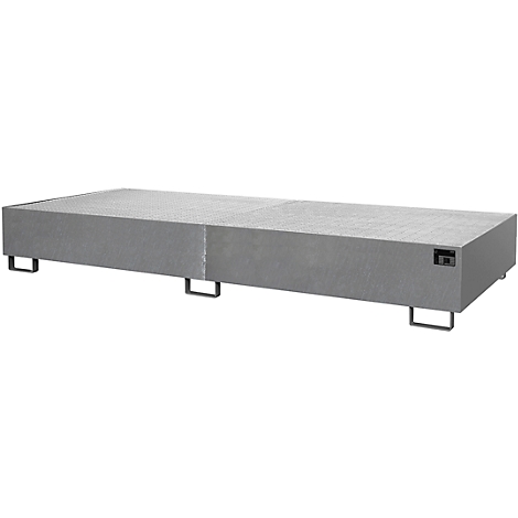 Grijs bedframe op metalen poten. Het hoofdeinde heeft een rechthoekige vorm. Detail: metalen poten en het rechthoekige hoofdeinde met een grijze plaat.