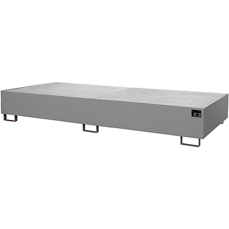 Grijze rechthoekige olieopvangtafel met metalen poten, roosterstructuur bovenop.