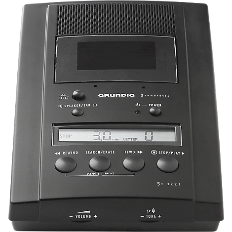 A black Grundig dictation machine with various buttons and a display.