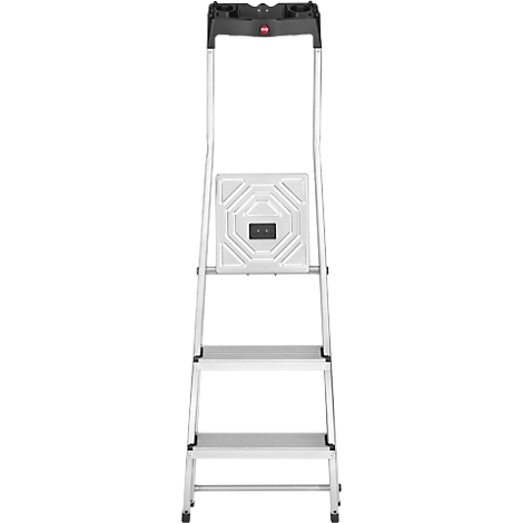 A silver step ladder with four steps and a black handrail. The top step is square with a hexagonal pattern.