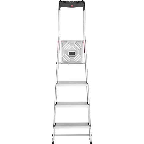 A silver step ladder stands center. The ladder has four steps and a black handle.