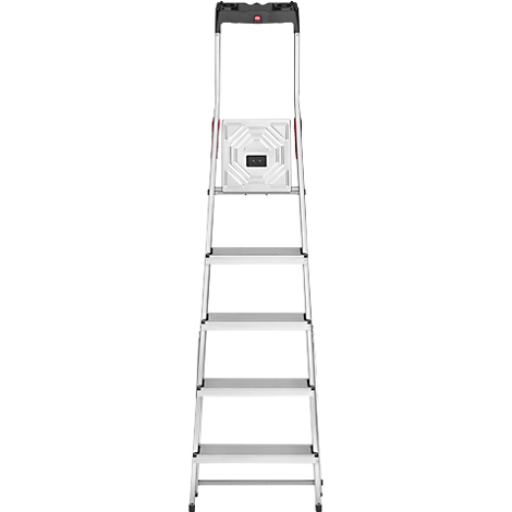 A silver step ladder with six steps stands against a white background. There is a black handle at the top.