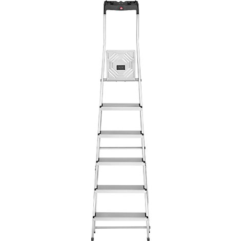Aluminum ladder, with 6 steps. Black handgrip at the top. A white, square element is on one step.