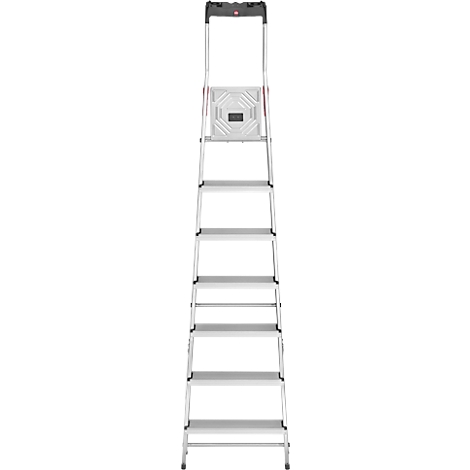A silver step ladder with black steps, red writing and a handle. It stands against a white background.