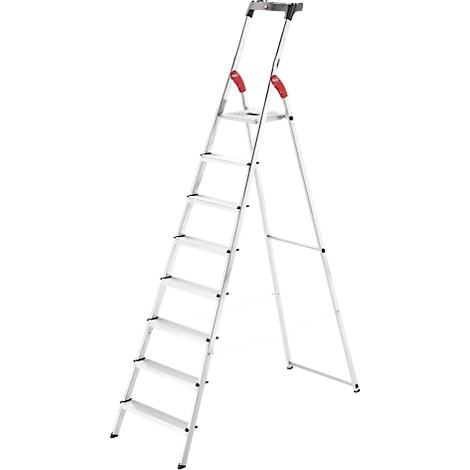 Silver stepladder. Red handles on top rungs. Steps on one side, support legs on the other.