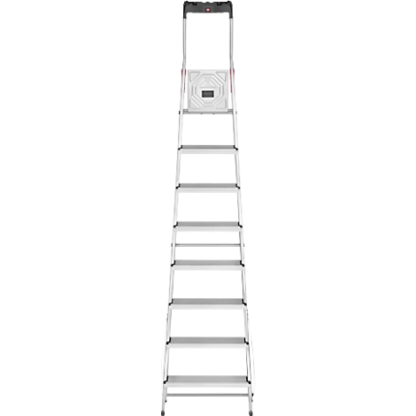 A silver step ladder with black steps and a black handle.