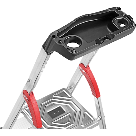 Close-up of a black shelf on an aluminum ladder. Two red elements with the lettering 'Hailo' are visible.