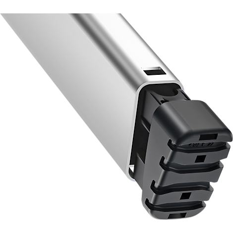 Close-up of a metallic profile with a black plastic element. It is a detail image that illustrates the construction.