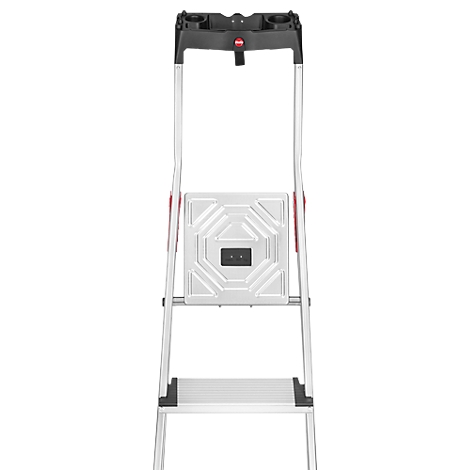 A metal step ladder with two steps and a storage tray.