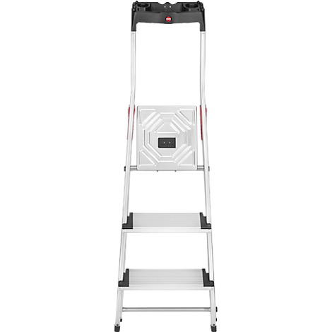 A light aluminum step ladder with black and red accents; the steps are wide and comfortable.