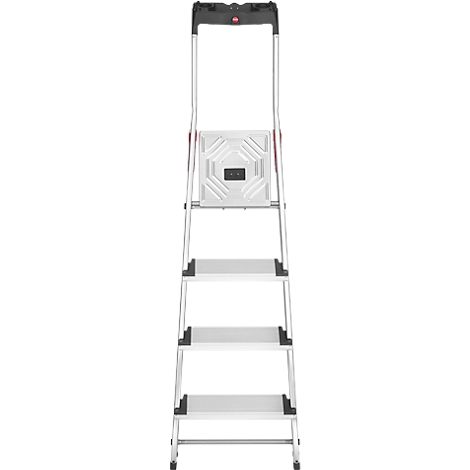 A silver step ladder with four steps and a black handrail. The platform is white with a black rectangle in the middle.