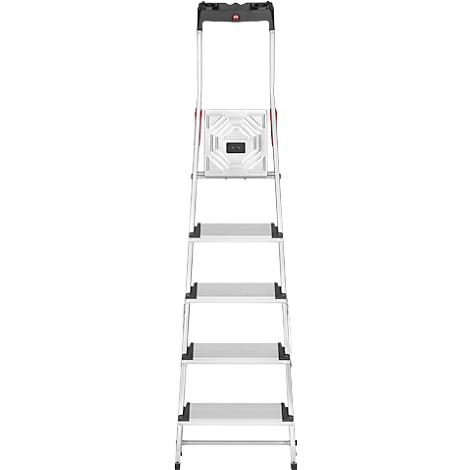 A bright, silver stepladder. It has six steps and a black handle.