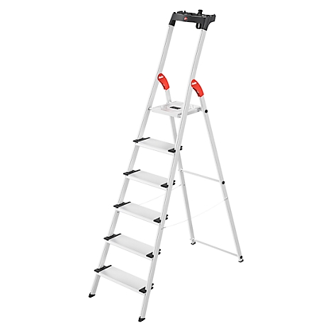 Silver stepladder, side view, on white background. The ladder has six steps, red armrests and a black handrail.