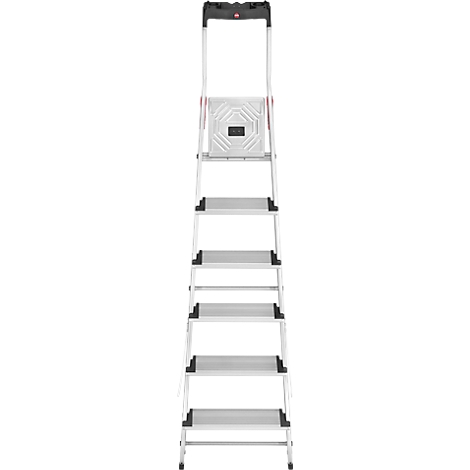 Grey step ladder against white background. It has six steps and a black handle.