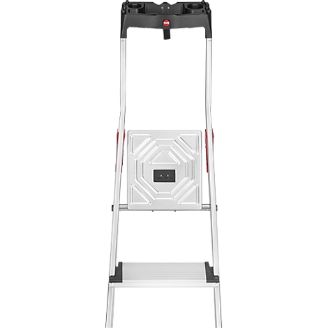 A silver step ladder with black frame and red accents. At the top, a storage compartment with cup holder.