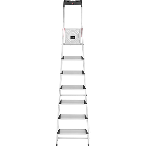 A grey step ladder with black treads stands against a white background. The top platform is wider.