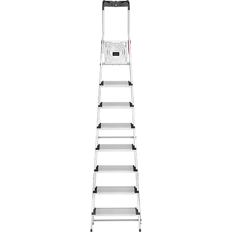 Metal ladder. The ladder has 8 steps, an upper platform and a handle.