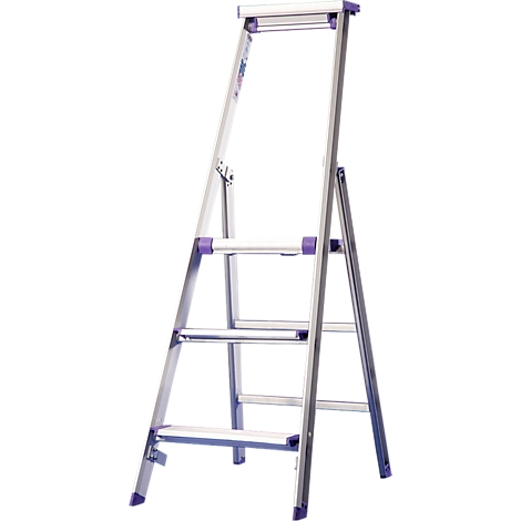 Silver stepladder, purple accents. Three steps, an upper frame.