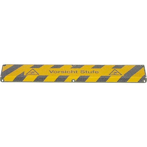 Yellow warning sign with black stripes, the words 'Vorsicht Stufe' and two hazard symbols.