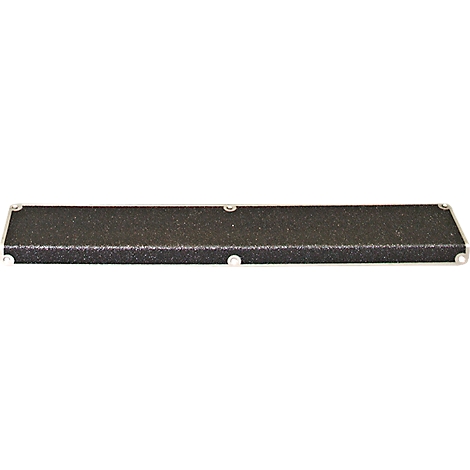 A black metal part with rounded corners and holes.
