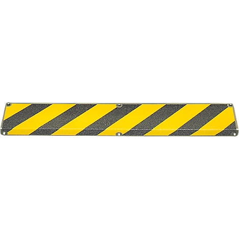 Yellow and black striped barrier with screw holes.