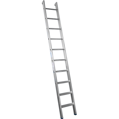A silver aluminum ladder leans diagonally against a white wall. It has nine rungs and blue rubber feet.
