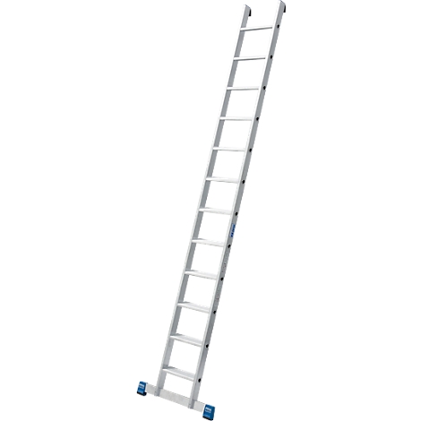 A silver ladder leaning against a white background. Blue feet at the bottom, black details.