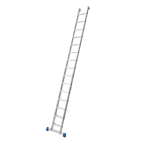 A gray aluminum ladder stands diagonally against a white background. The rungs are wide.