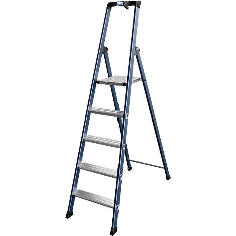 A blue stepladder stands against a white wall. It has five steps and a platform.