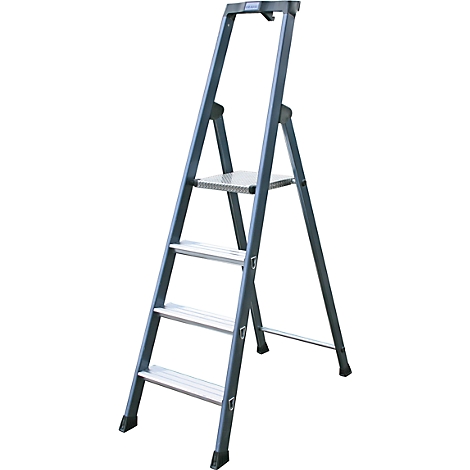 Gray step ladder, 4 steps, standing open.