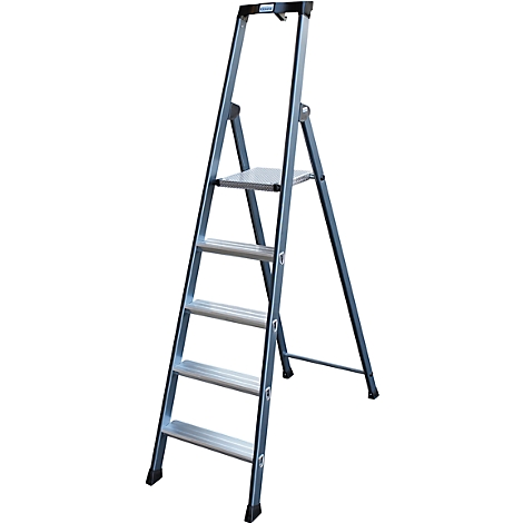 Grey step ladder with four steps standing on a white background.