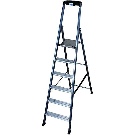 Grey step ladder with four steps and a platform, against a white background.