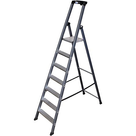 Grey folding ladder with six steps stands against white background. Handles on top, non-slip steps.