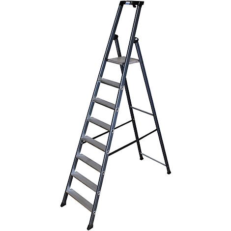 Gray, foldable household ladder. The treads and standing area are wide, the frame is made of metal.
