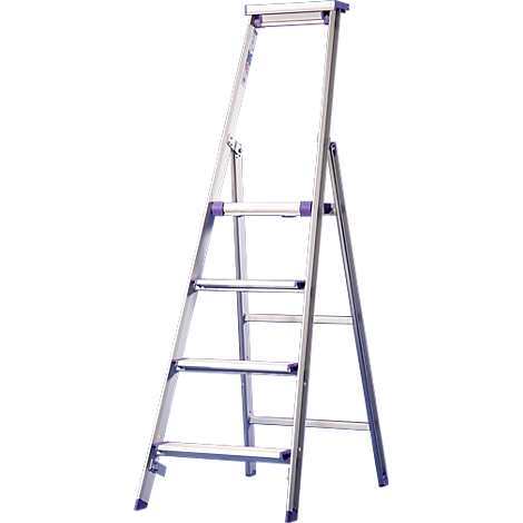 Silver stepladder with purple elements. The ladder is unfolded.