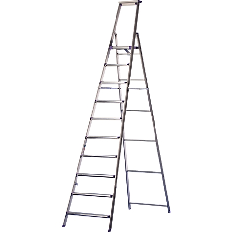 Silver, free-standing ladder, partially unfolded. The rungs are mounted horizontally and reinforced by struts.