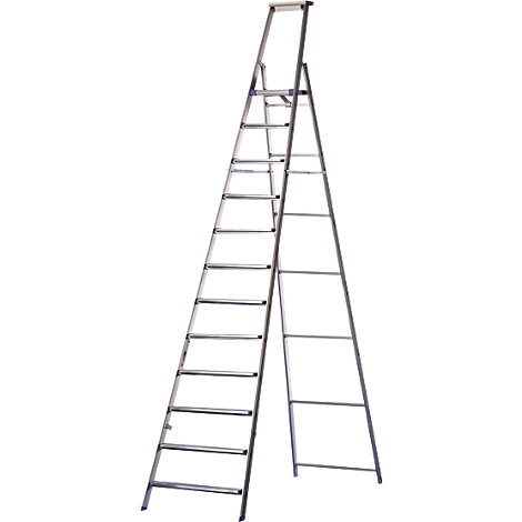 A silver ladder, half unfolded, with rungs and an upper frame.